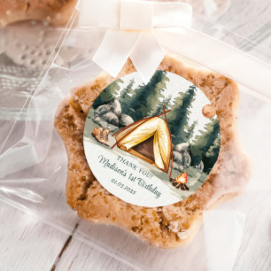 Sticker Rond Fête d'anniversaire rustique de Camping Mountain