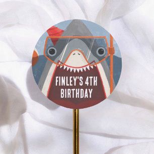 Sticker Rond Fête d'anniversaire Shark Summer Pool Party