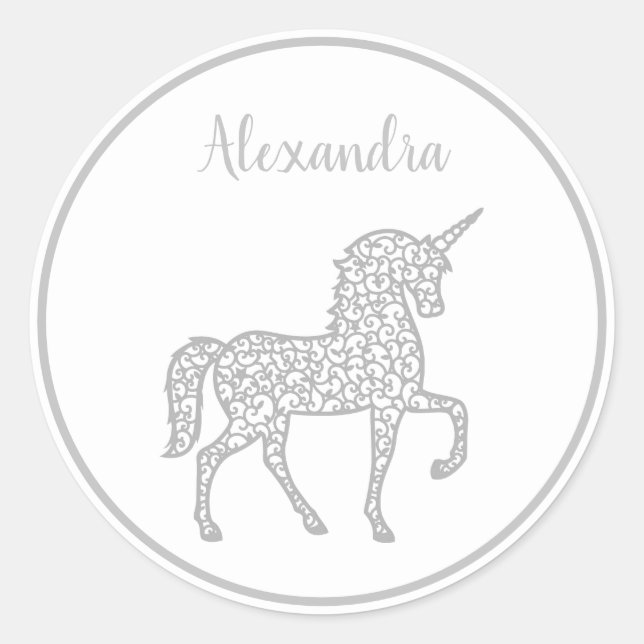 Sticker Rond Fête d'anniversaire Silver Unicorn Nom propre (Devant)
