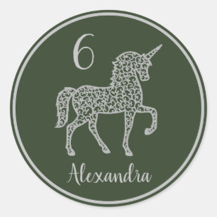 Sticker Rond Fête d'anniversaire Silver Unicorn Nom propre