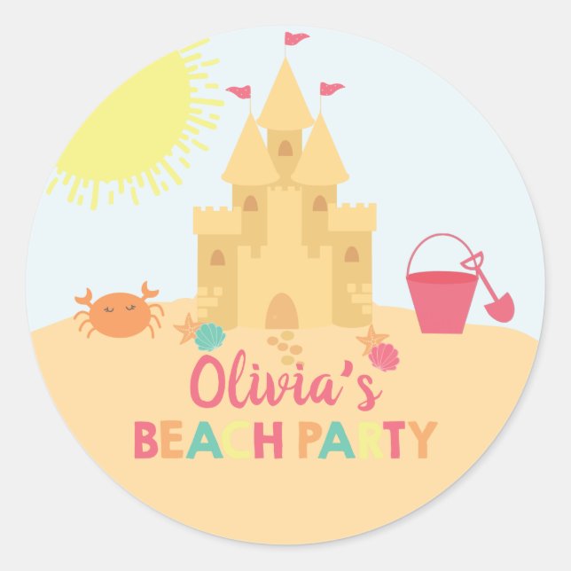 Sticker Rond Fête d'anniversaire sur la plage château de sable (Devant)