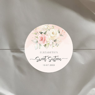 Sticker Rond Fête d'anniversaire Sweet 16 aux fleurs roses aqua