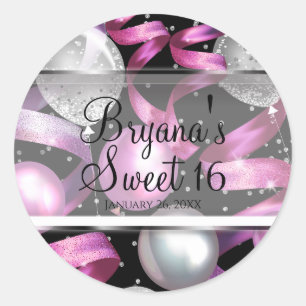 Sticker Rond Fête d'anniversaire Sweet 16 Pailleté Argent Noir 
