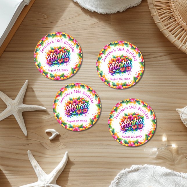 Sticker Rond Fête d'anniversaire Tropical Aloha Luau (Créateur téléchargé)