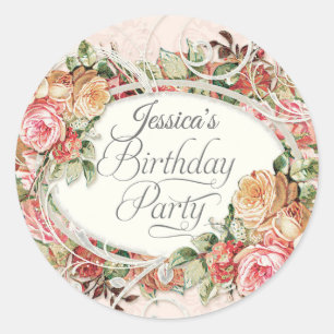 Sticker Rond Fête d'anniversaire Vintage Floral Rose Élégant Bl
