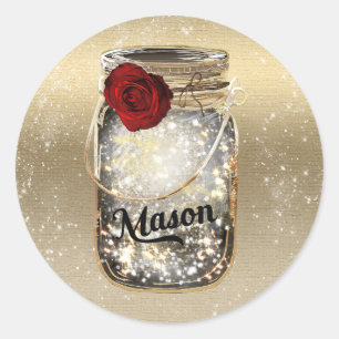Sticker Rond Fête dans un pot Mason Rose Rouge Pailleté Or Glam