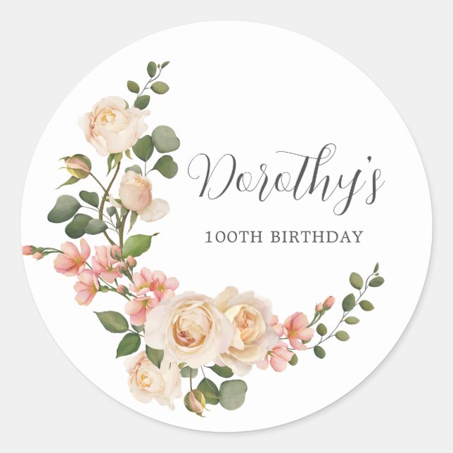 Sticker Rond Fête de 100e anniversaire Rustique Fleurs Blanches (Devant)