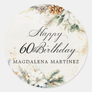 Sticker Rond Fête de 60 ans personnalisée Fleurs blanches d'hiv
