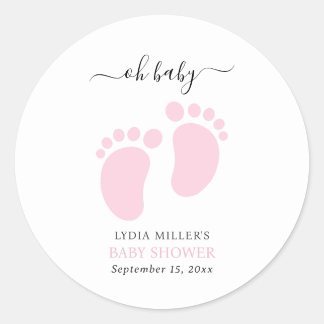 Sticker Rond Fête de Baby Shower aux Pieds de Bébé Rose, Baby S (Devant)