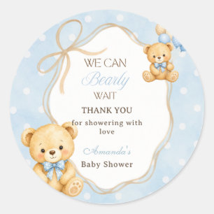 Sticker Rond Fête de Baby Shower Garçon Ourson Bleu à peine att