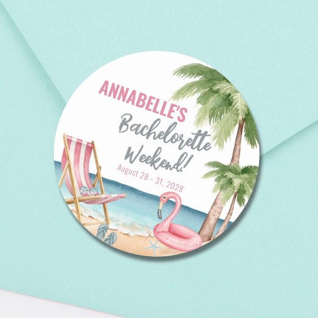 Sticker Rond Fête de Bachelorette de Plage Tropicale à l'Aquare (Watercolor Tropical Beach Bachelorette Party Classic Round Sticker)