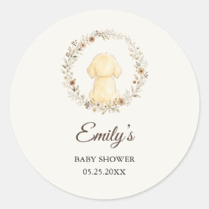 Sticker Rond Fête de Bébé au Chien d'Or Watercolor Fleur Sauvag