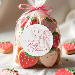 Sticker Rond Fête de bébé aux fraises à ruban rose