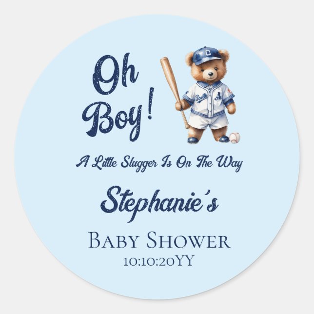 Sticker Rond Fête de bébé Baseball Oh Boy Ourson Mignon  (Devant)