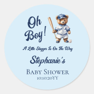 Sticker Rond Fête de bébé Baseball Oh Boy Ourson Mignon 