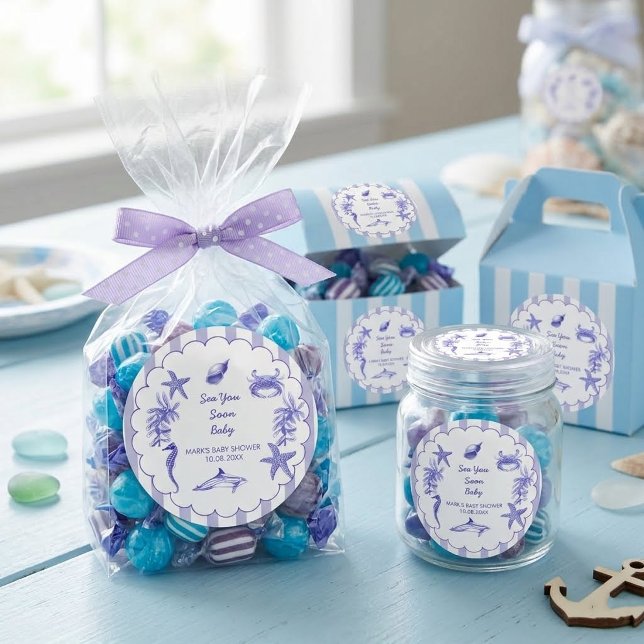 Sticker Rond Fête de Bébé « Bientôt sur les Côtes Bleues Rayées (Créateur téléchargé)