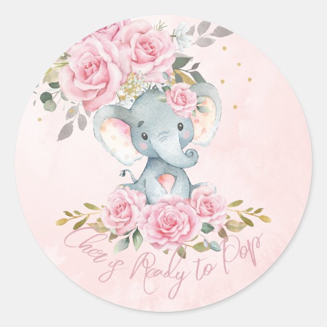 Sticker Rond Fête de bébé éléphant floral rose prête à éclore  (Devant)