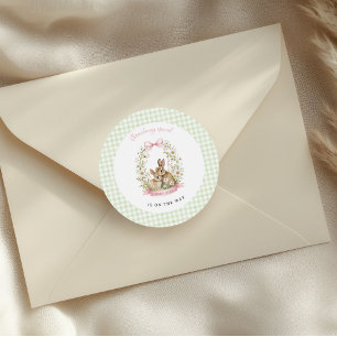 Sticker Rond Fête de Bébé Fille au Lapin Vintage en Vichy Vert