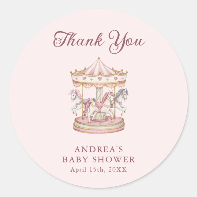 Sticker Rond Fête de Bébé Fille Carrousel Rose Pastel (Devant)