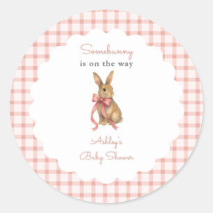 Sticker Rond Fête de Bébé Fille Lapin Gingham Rose Vintage