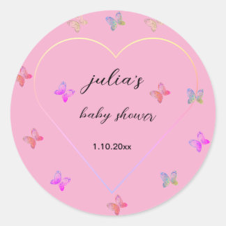 Sticker Rond Fête de bébé fille Papillon Cœur Rose