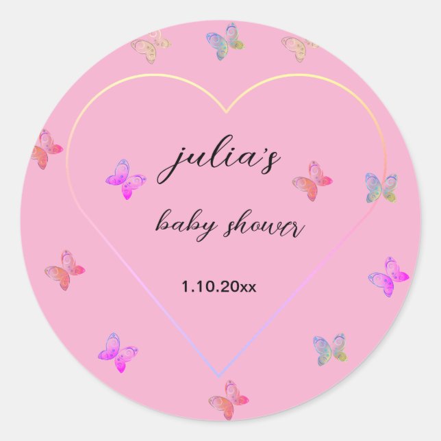 Sticker Rond Fête de bébé fille Papillon Cœur Rose  (Devant)