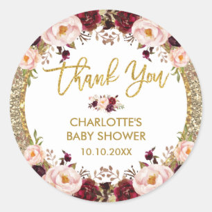 Sticker Rond Fête de bébé Fleurs de Luxe Burgundy Blush