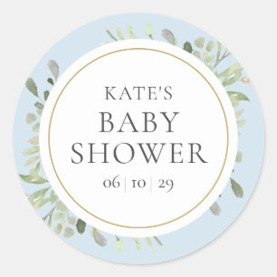 Sticker Rond Fête de bébé garçon bleu verdure aquarelle