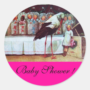 Sticker Rond FÊTE DE BÉBÉ GARÇON CIGOGNE 3 fuchsia rose
