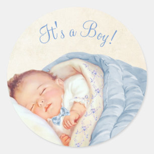 Sticker Rond Fête de bébé garçon vintage garçons bleus