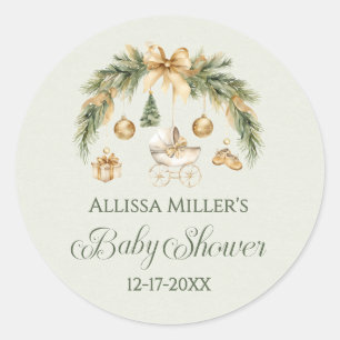 Sticker Rond Fête de bébé hiver aquarelle verdure Noël