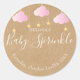 Sticker Rond Fête de bébé kraft rustique scintillante rose