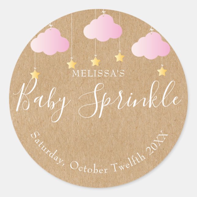 Sticker Rond Fête de bébé kraft rustique scintillante rose (Devant)