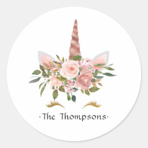 Sticker Rond Fête de bébé licorne florale Rose et Or rose
