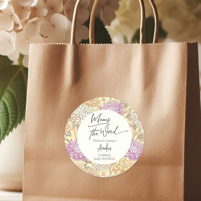 Sticker Rond Fête de Bébé Merci Maman Fleurie (Floral Mum's the Word Thank You Baby Shower Classic Round Sticker)