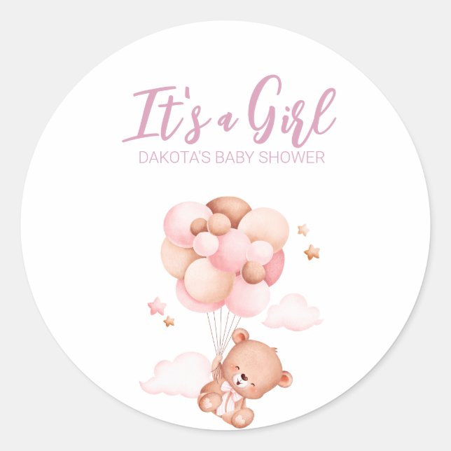 Sticker Rond Fête de bébé ours en peluche rose ballon (Devant)