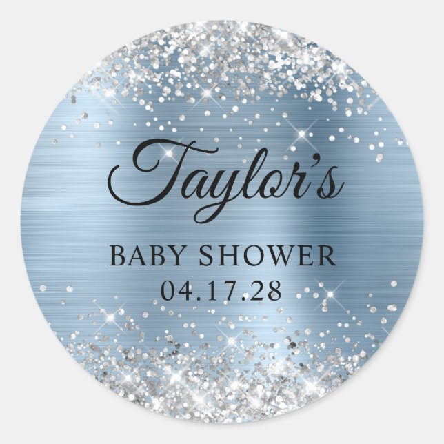 Sticker Rond Fête de Bébé Pailleté Argent Bleu Clair Feuille (Devant)