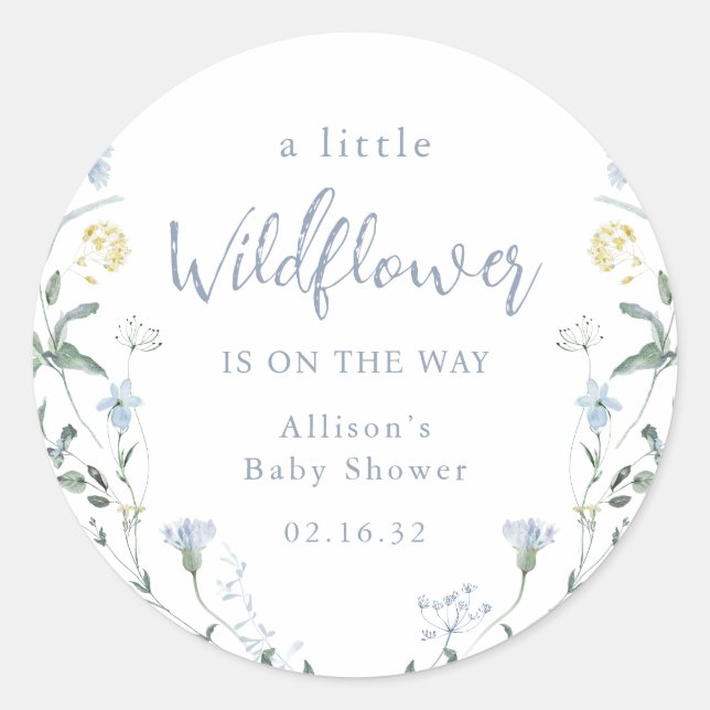 Sticker Rond Fête de bébé rustique boho Blue A Little Wildflowe (Devant)