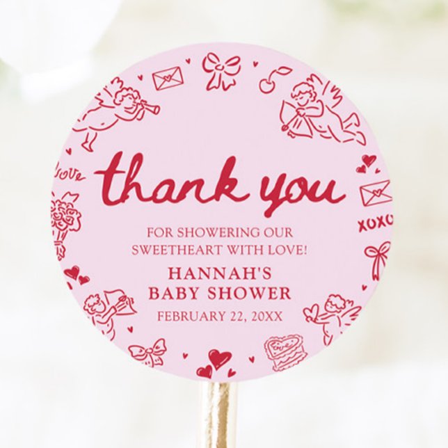 Sticker Rond Fête de bébé Saint-Valentin dessinée à la main Lit (Hand Drawn Valentine Little Sweetheart Baby Shower Classic Round Sticker)