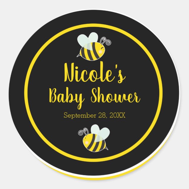 Sticker Rond Fête de bébé thème abeille noire et jaune blanche  (Devant)