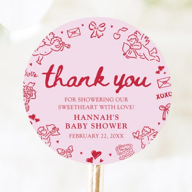 Sticker Rond Fête de bébé thème Saint-Valentin dessinée à la ma (Hand Drawn Valentine Little Sweetheart Baby Shower Classic Round Sticker)