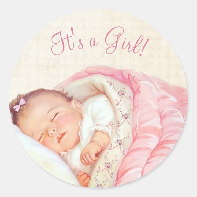 Sticker Rond Fête de Bébé Vintage Fille Rose (Devant)