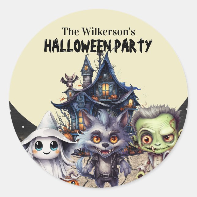 Sticker Rond Fête de costumes d'Halloween mignonne et maison ha (Devant)
