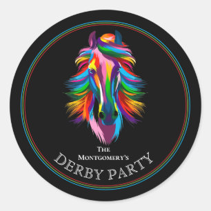 Sticker Rond Fête de Derby de Cheval de Course Coloré Noir