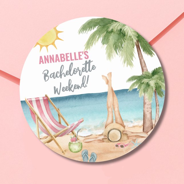 Sticker Rond Fête de Fille en Été Jolies Plage (Watercolor Beach Bachelorette Party Classic Round Sticker)