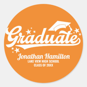 Sticker Rond Fête de fin d'études Orange Blanc Typographie Grad