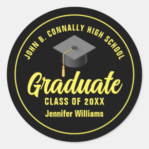 Sticker Rond Fête de graduation personnalisée Jaune Noir