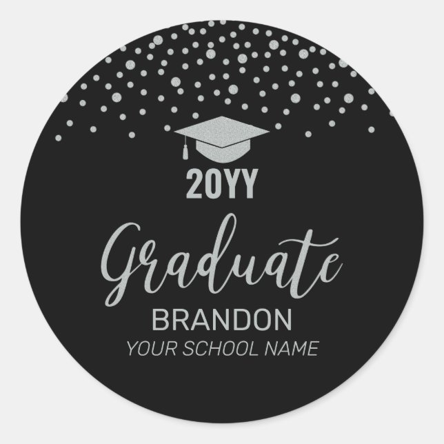 Sticker Rond Fête de graduation Silver Black Confetti Favoriser (Devant)