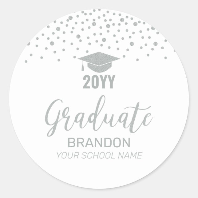 Sticker Rond Fête de graduation Silver Confetti Favoriser (Devant)