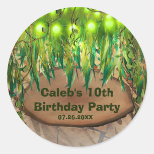 Sticker Rond FÊTE DE LA JUNGLE Faveur de fête avec feuilles et 